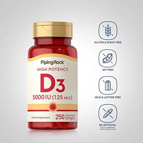 Piping Rock Vitamin D3 5000 IU | 250 Softgels | High Potency Supplement | Non-GMO - TrustMedUSA