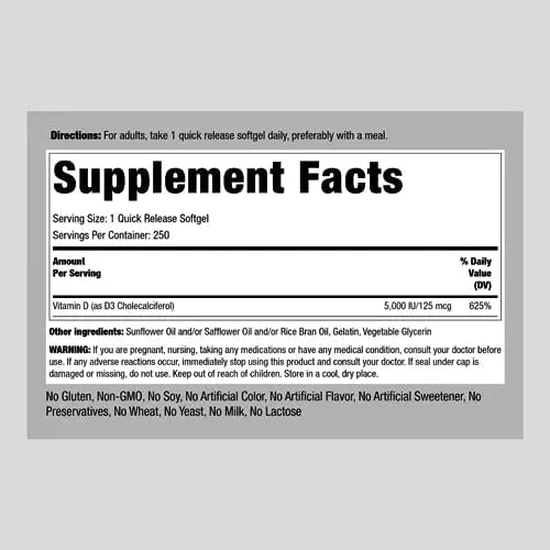 Piping Rock Vitamin D3 5000 IU | 250 Softgels | High Potency Supplement | Non-GMO - TrustMedUSA