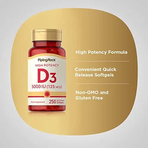 Piping Rock Vitamin D3 5000 IU | 250 Softgels | High Potency Supplement | Non-GMO - TrustMedUSA