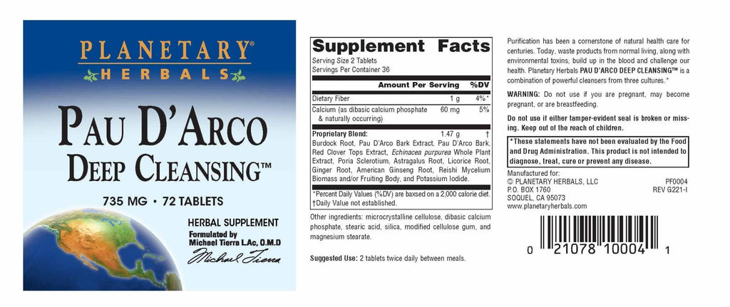 Planetary Herbals PAU D'Arco Deep Cleansing, Herbal Supplement, 735 mg - 72 Tablets - TrustMedUSA