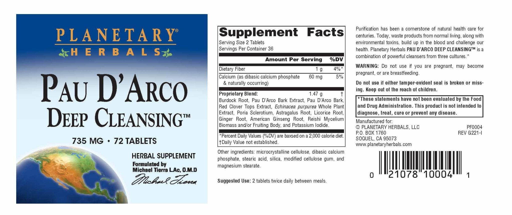 Planetary Herbals PAU D'Arco Deep Cleansing, Herbal Supplement, 735 mg - 72 Tablets - TrustMedUSA