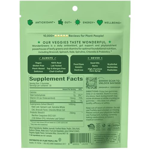 Plant People WonderGreens Veggie Gummies Super Greens with Probiotics Multivitamin Support Gummy for Wellbeing, Energy, Immune and Gut Health, Green Apple Flavor (60 Count) - TrustMedUSA