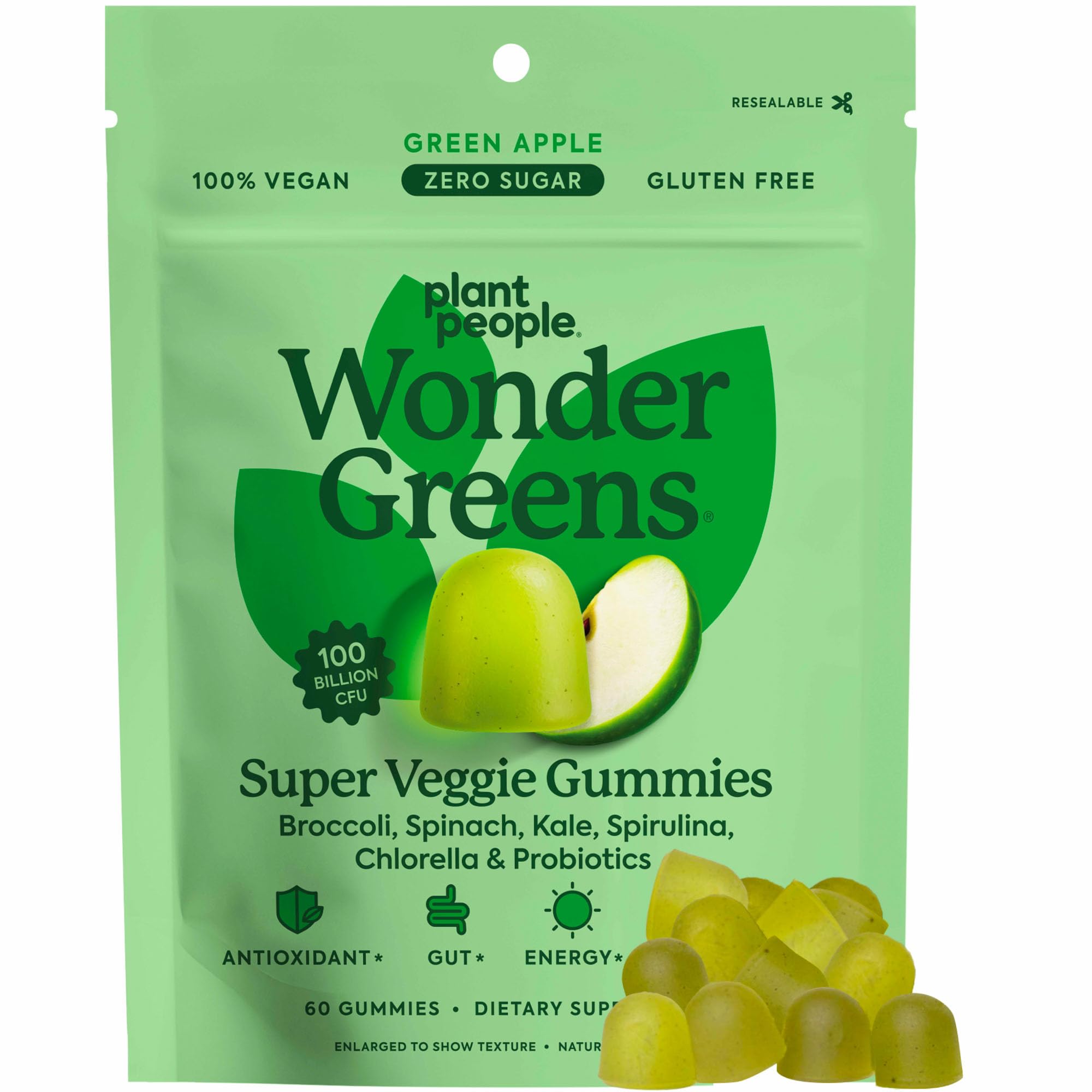 Plant People WonderGreens Veggie Gummies Super Greens with Probiotics Multivitamin Support Gummy for Wellbeing, Energy, Immune and Gut Health, Green Apple Flavor (60 Count) - TrustMedUSA