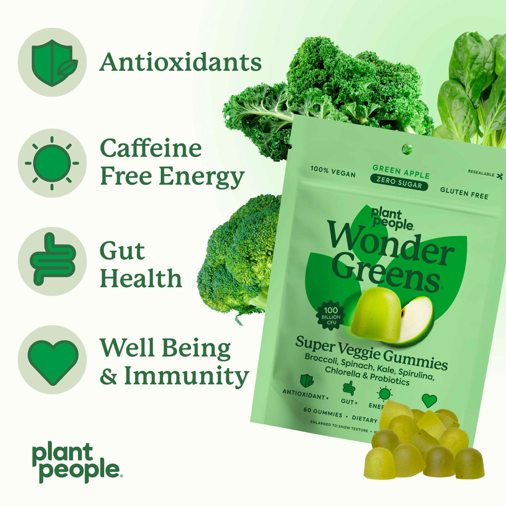 Plant People WonderGreens Veggie Gummies Super Greens with Probiotics Multivitamin Support Gummy for Wellbeing, Energy, Immune and Gut Health, Green Apple Flavor (60 Count) - TrustMedUSA