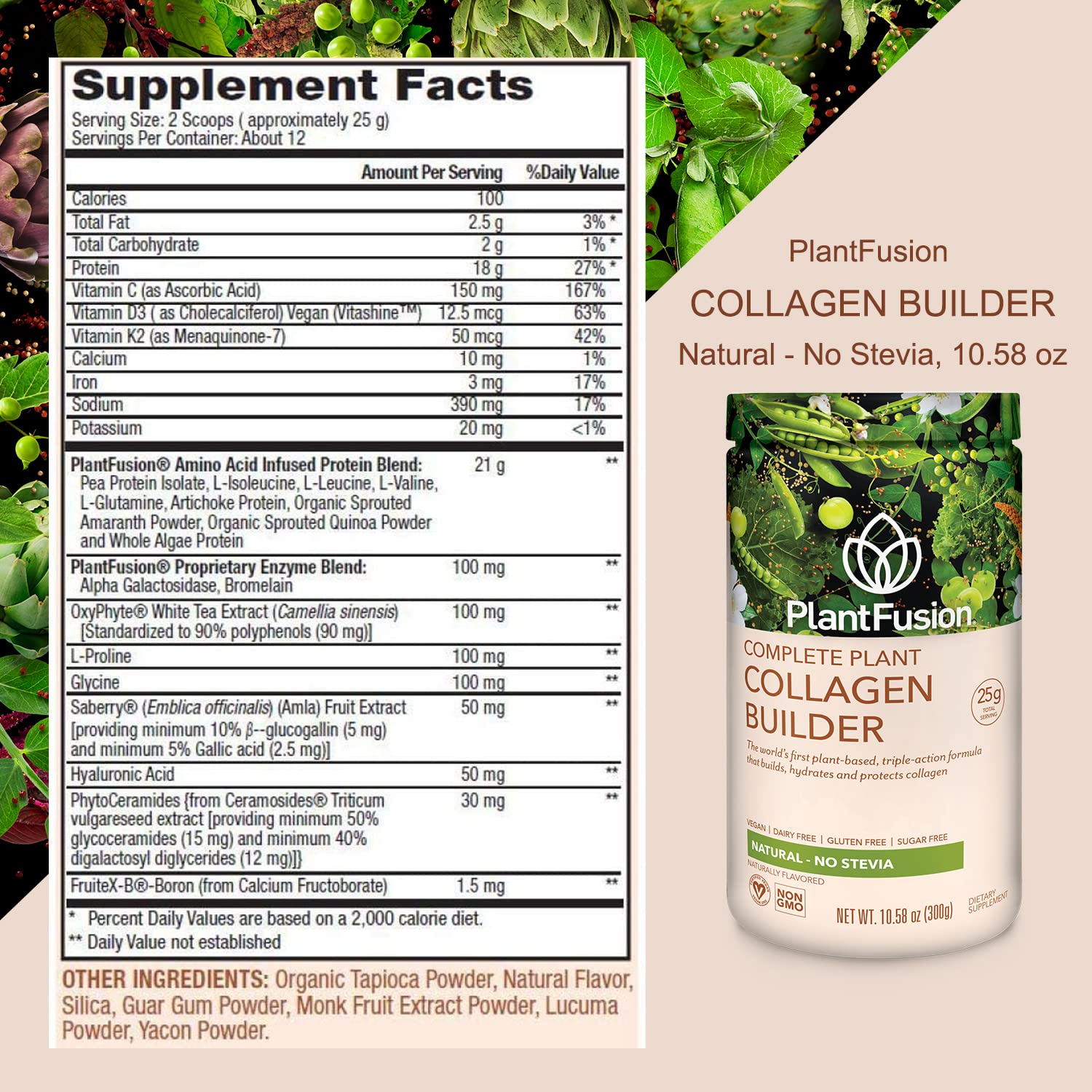 PlantFusion Vegan Collagen Powder - Plant Based Collagen Protein Powder For Muscle & Joints, Hair, Skin & Nails - Keto, Gluten Free, Soy Free, Non-Dairy, No Sugar, Non-GMO - Unflavored 10.58 oz - Maple Wellness Supplements
