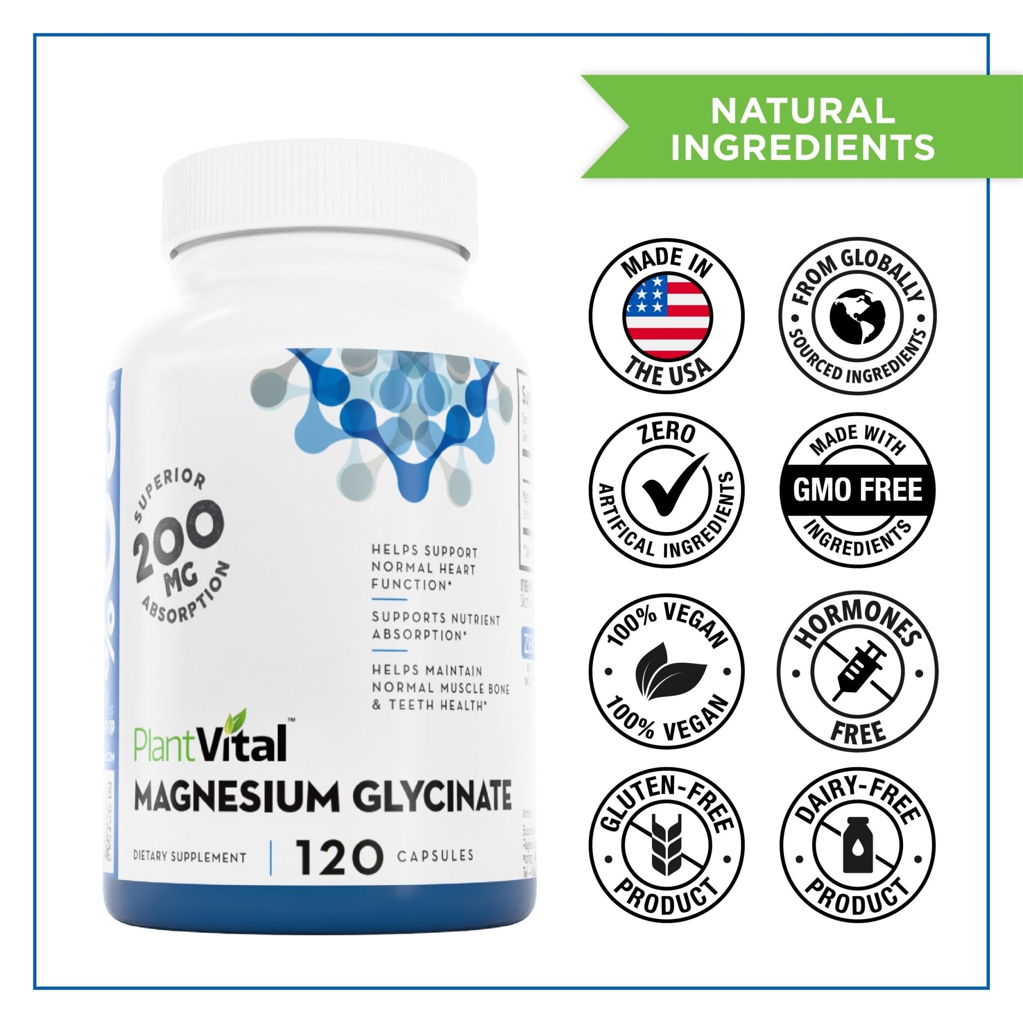 PlantVital Magnesium Glycinate 200mg - Supports Restful Sleep, Muscle & Nerve Function, Normal Heart & Bone Health - Feel Calm & Relax - Vegan, Third Party Tested, Gluten Free, Non-GMO - 120 Capsules - TrustMedUSA