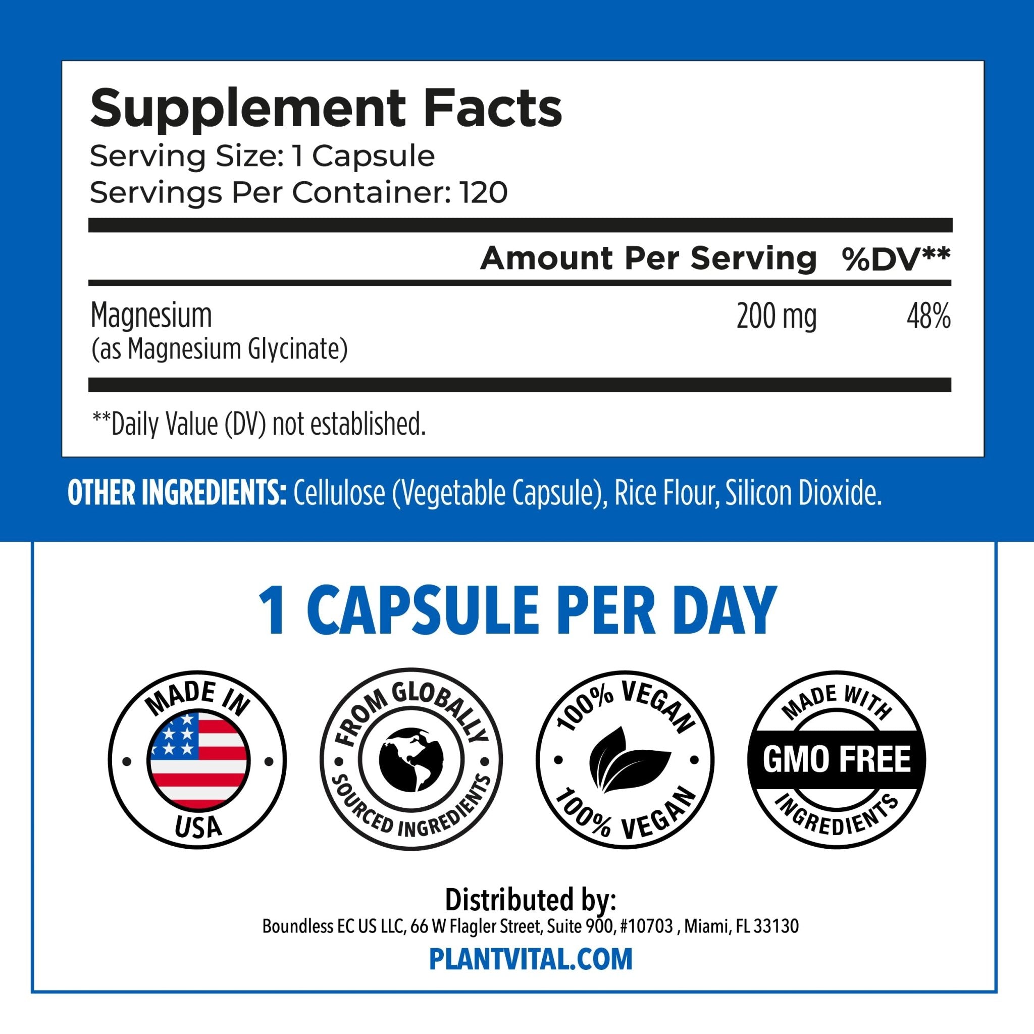 PlantVital Magnesium Glycinate 200mg - Supports Restful Sleep, Muscle & Nerve Function, Normal Heart & Bone Health - Feel Calm & Relax - Vegan, Third Party Tested, Gluten Free, Non-GMO - 120 Capsules - TrustMedUSA