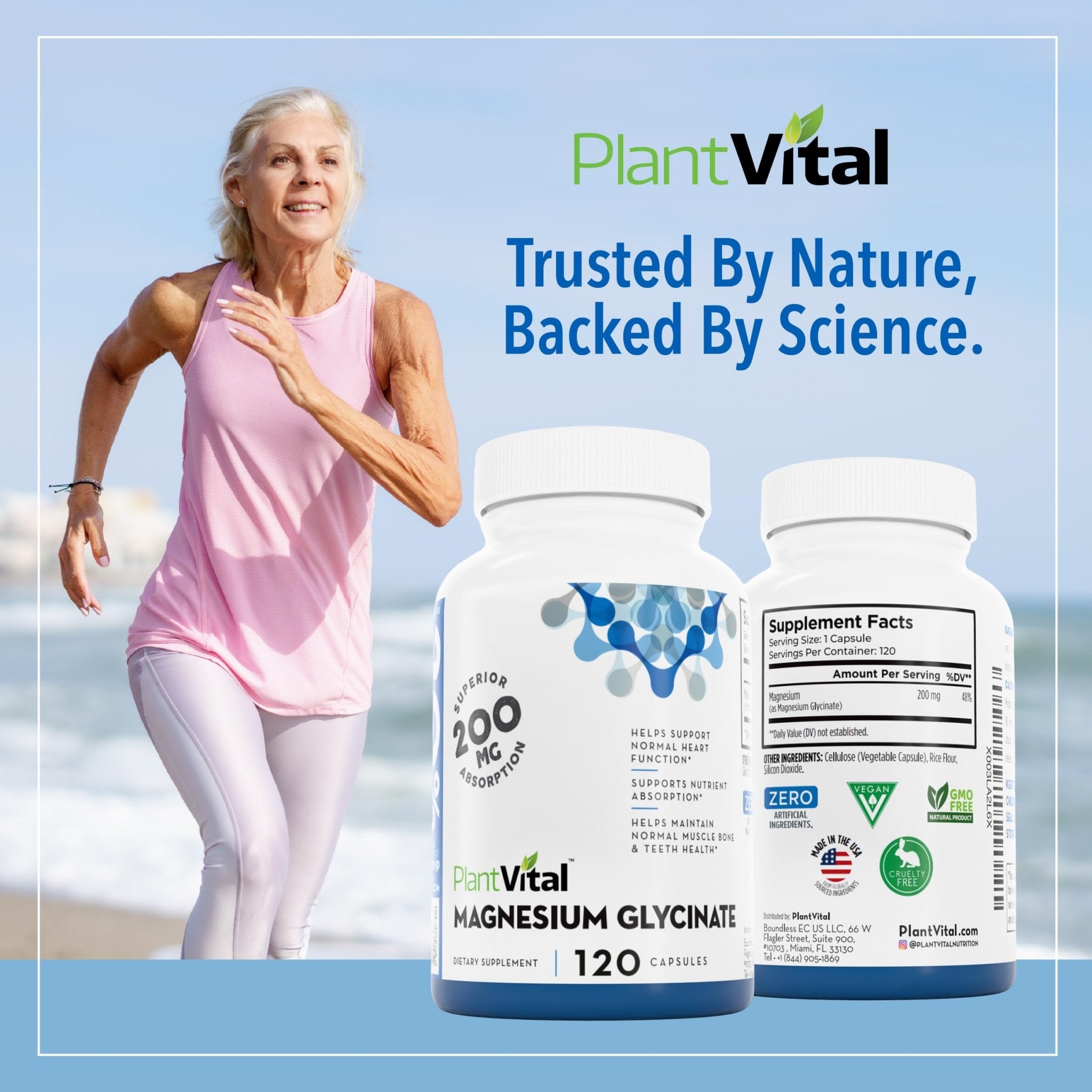 PlantVital Magnesium Glycinate 200mg - Supports Restful Sleep, Muscle & Nerve Function, Normal Heart & Bone Health - Feel Calm & Relax - Vegan, Third Party Tested, Gluten Free, Non-GMO - 120 Capsules - TrustMedUSA