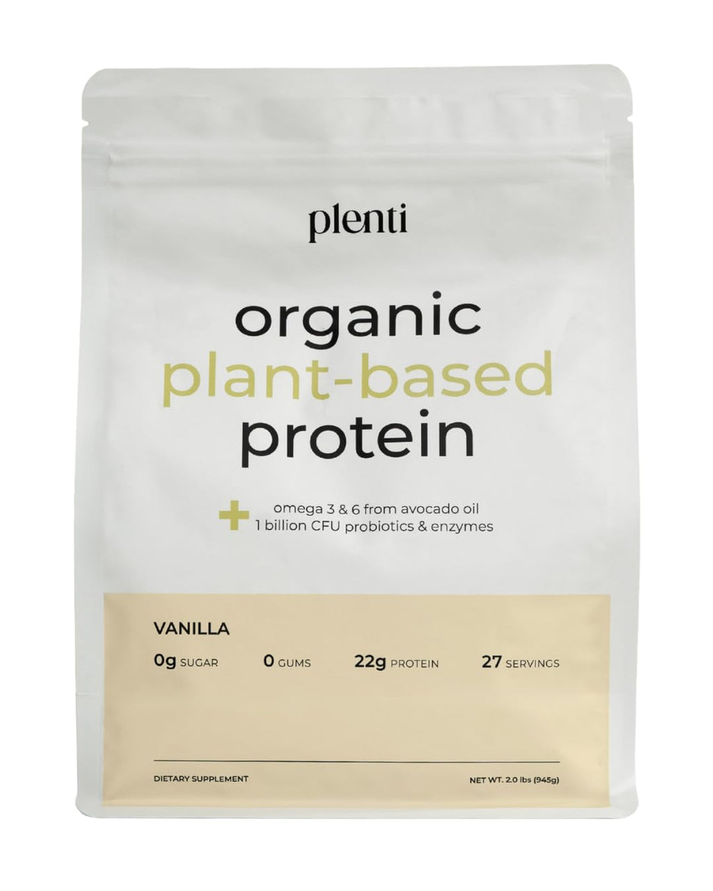 plenti Organic Plant-Based Protein Powder: Vanilla - 20g Pea Protein + Probiotics, Digestive Enzymes & Omega 3-6, Gut Friendly, Sugar Free, 27 Servings (2 lbs) - TrustMedUSA