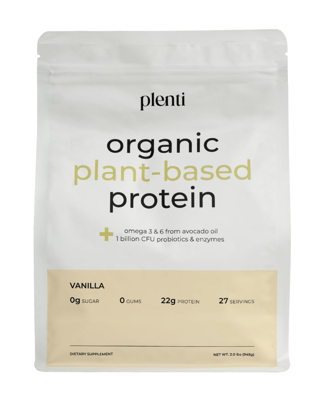 plenti Organic Plant-Based Protein Powder: Vanilla - 20g Pea Protein + Probiotics, Digestive Enzymes & Omega 3-6, Gut Friendly, Sugar Free, 27 Servings (2 lbs) - TrustMedUSA