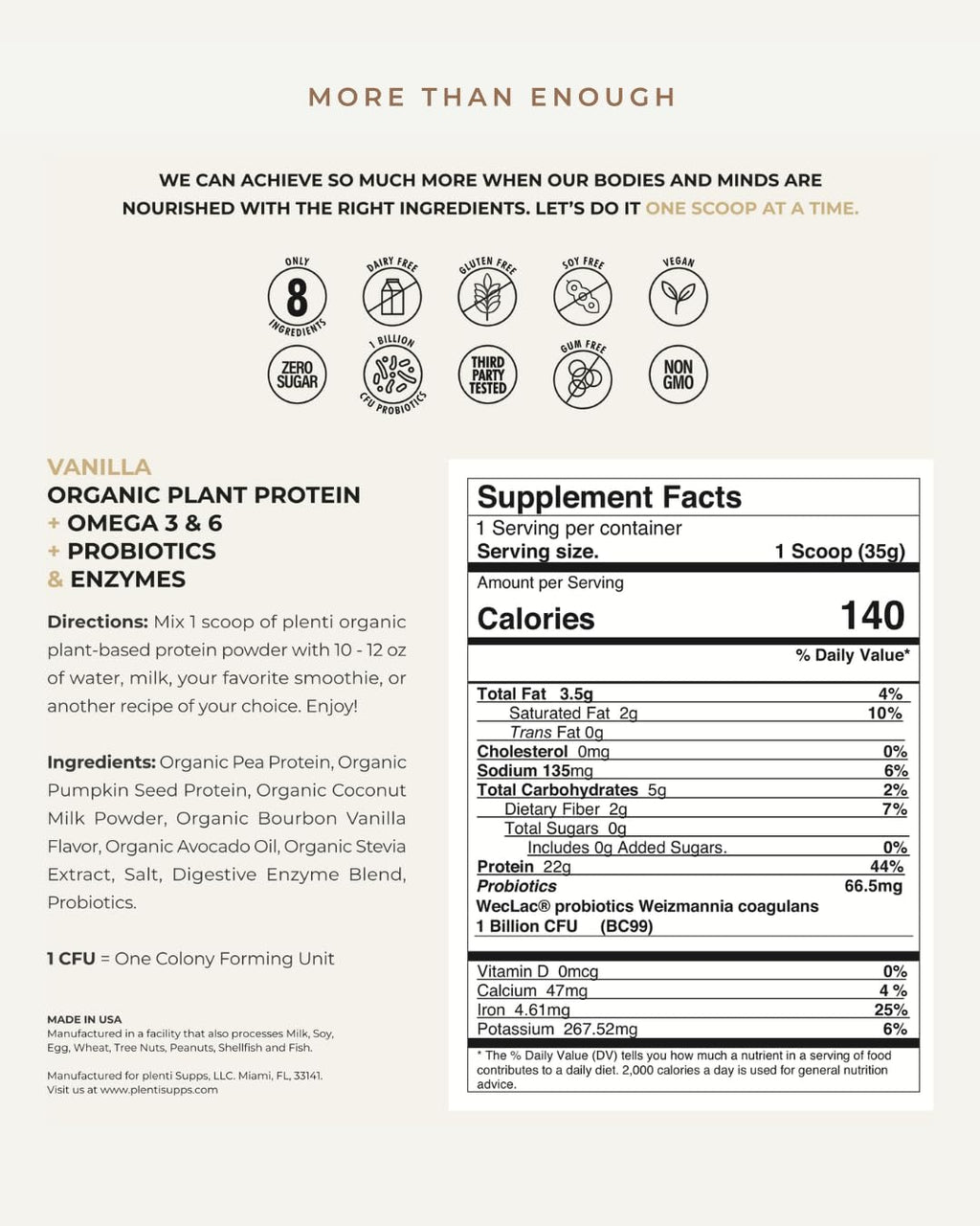 plenti Organic Plant-Based Protein Powder: Vanilla - 20g Pea Protein + Probiotics, Digestive Enzymes & Omega 3-6, Gut Friendly, Sugar Free, 27 Servings (2 lbs) - TrustMedUSA