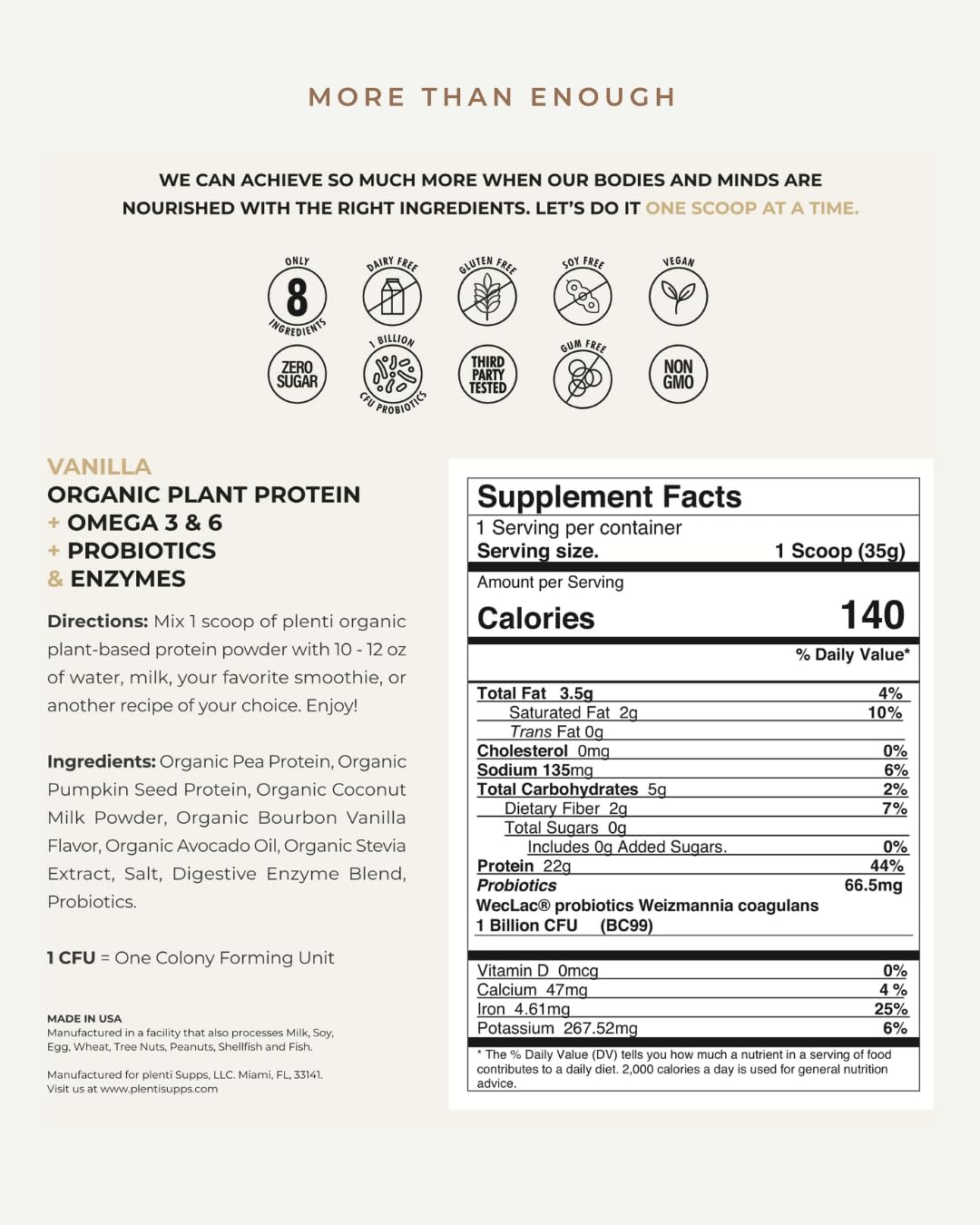 plenti Organic Plant-Based Protein Powder: Vanilla - 20g Pea Protein + Probiotics, Digestive Enzymes & Omega 3-6, Gut Friendly, Sugar Free, 27 Servings (2 lbs) - TrustMedUSA