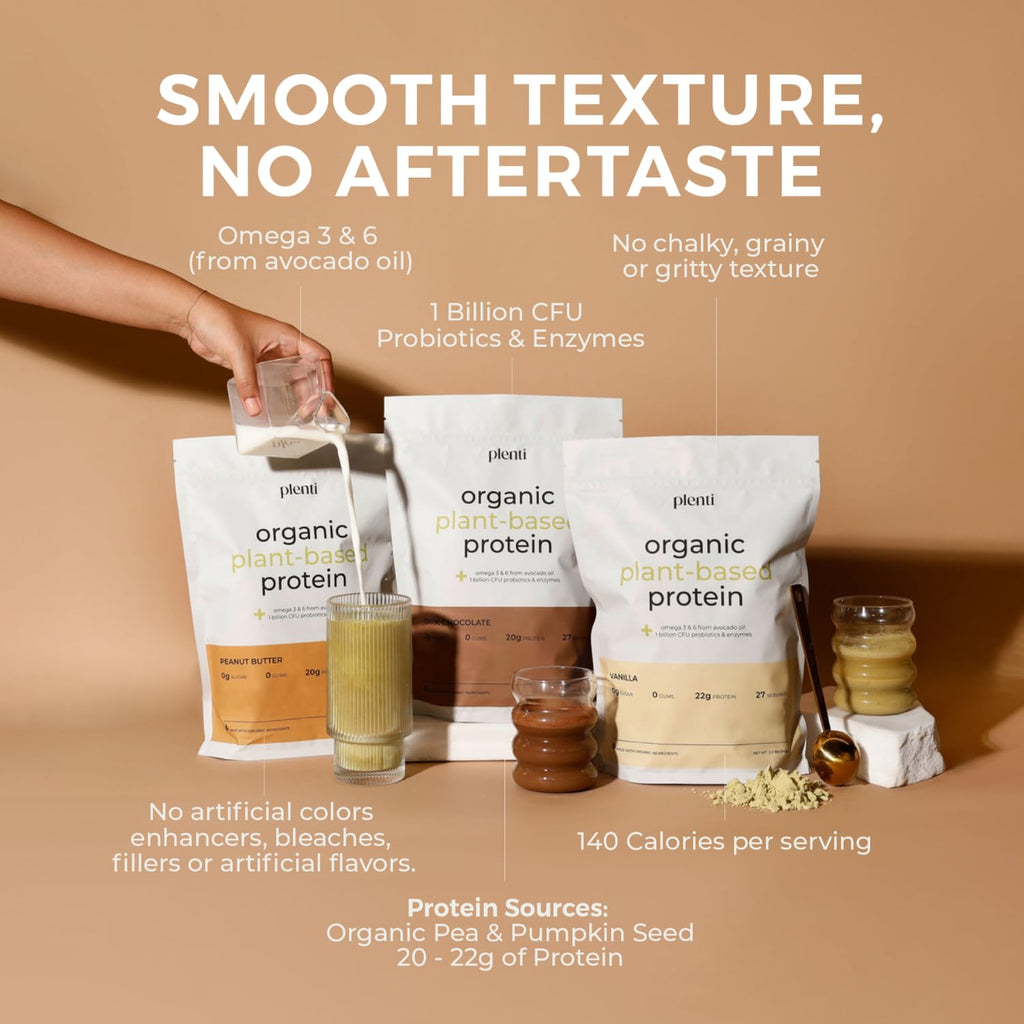 plenti Organic Plant-Based Protein Powder: Vanilla - 20g Pea Protein + Probiotics, Digestive Enzymes & Omega 3-6, Gut Friendly, Sugar Free, 27 Servings (2 lbs) - TrustMedUSA