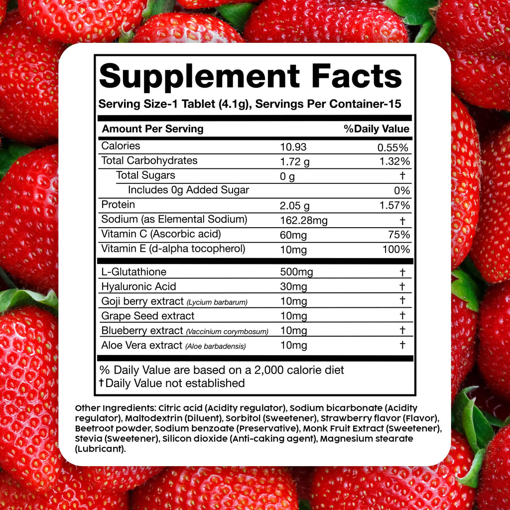 PLIX Glowy Skin 500mg Glutathione Supplement with Hyaluronic Acid, Vitamin C, E & Berries | 30 Effervescent Tablets, Strawberry Flavor - TrustMedUSA