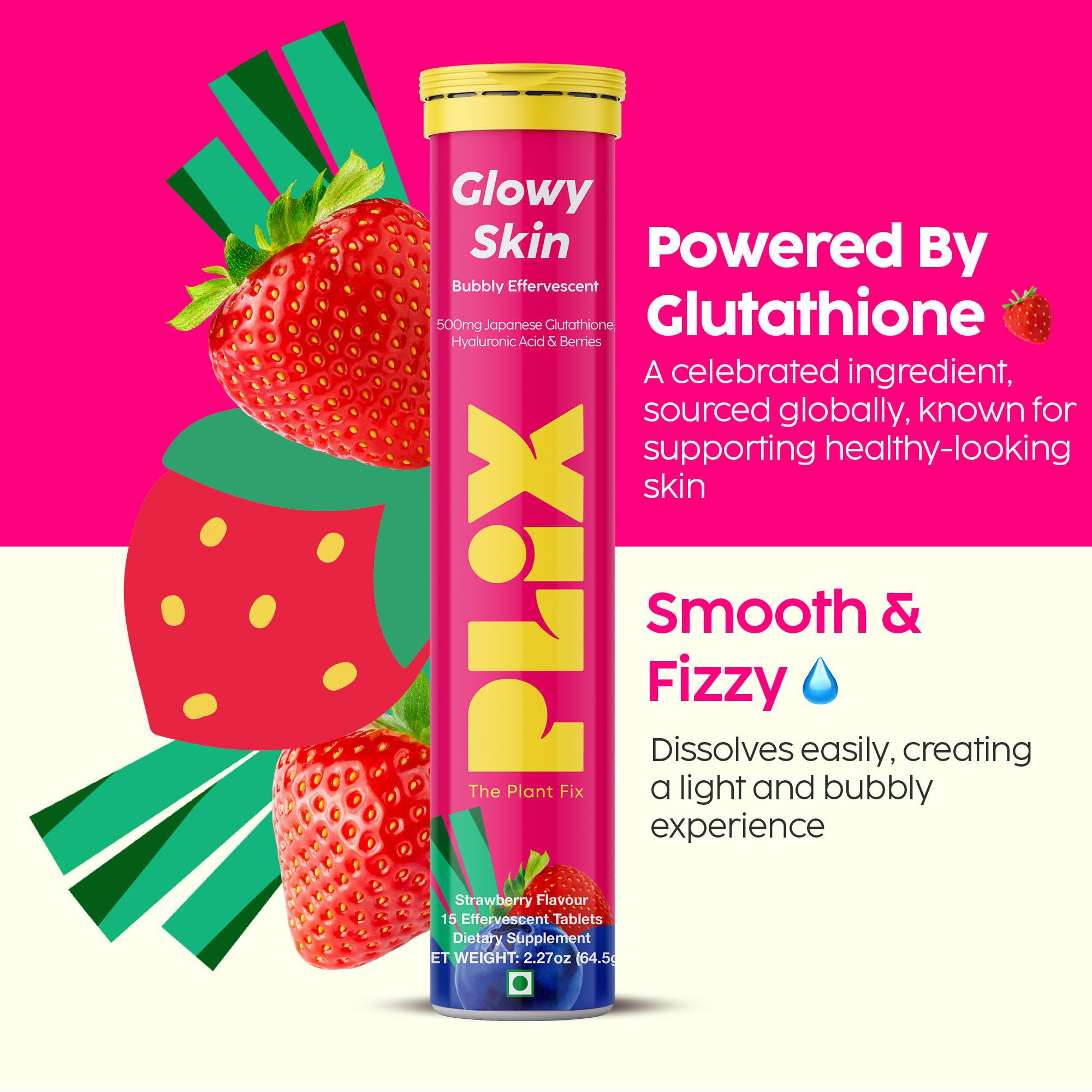 PLIX Glowy Skin 500mg Glutathione Supplement with Hyaluronic Acid, Vitamin C, E & Berries | 30 Effervescent Tablets, Strawberry Flavor - TrustMedUSA