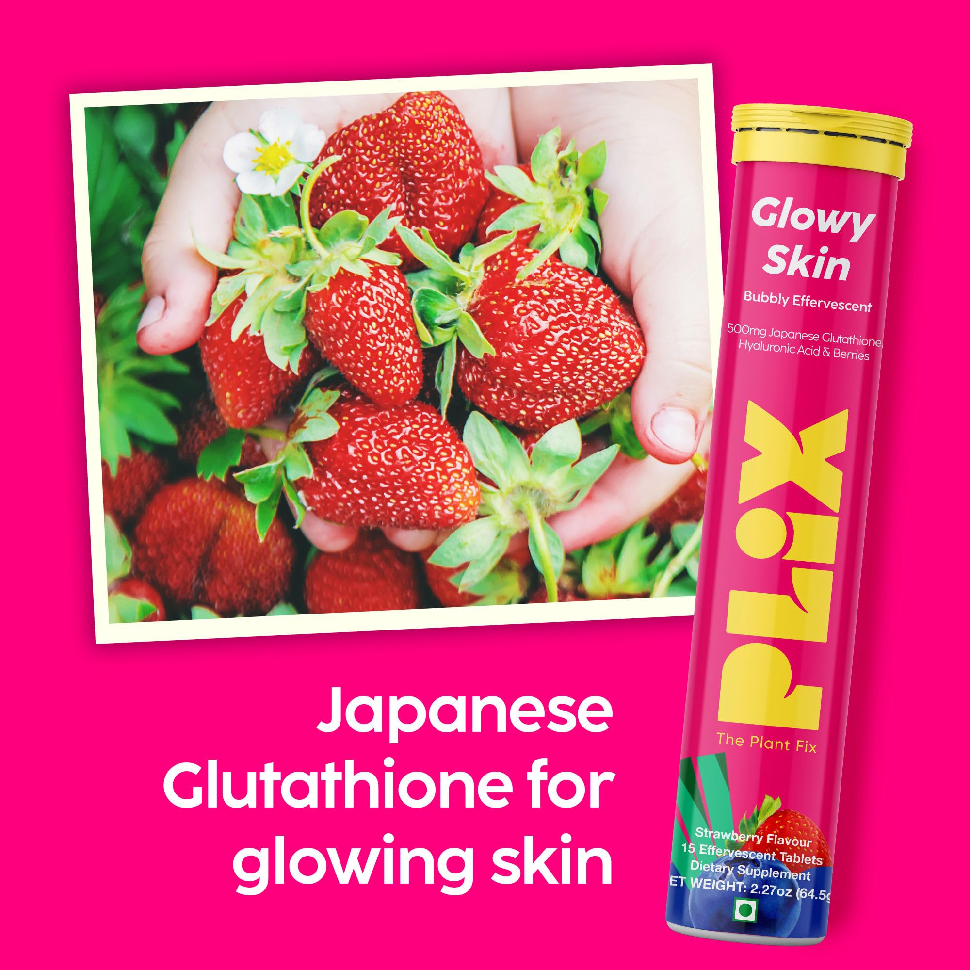 PLIX Glowy Skin 500mg Glutathione Supplement with Hyaluronic Acid, Vitamin C, E & Berries | 30 Effervescent Tablets, Strawberry Flavor - TrustMedUSA