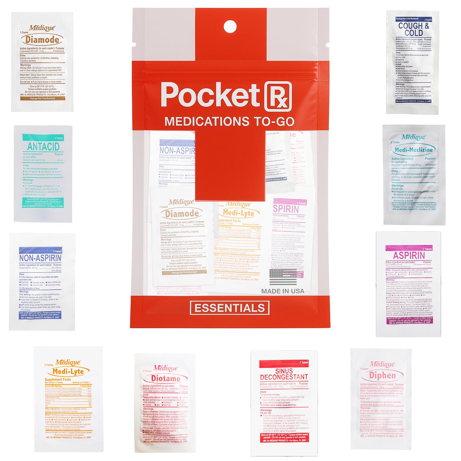 Pocket RX Mini Travel Medicine Kit – TSA-Approved First Aid Pouch with 10 Essential OTC Medications for Headache, Pain, Allergy, Upset Stomach & More – Compact, USA Made (17 Tablets) - Maple Wellness Supplements