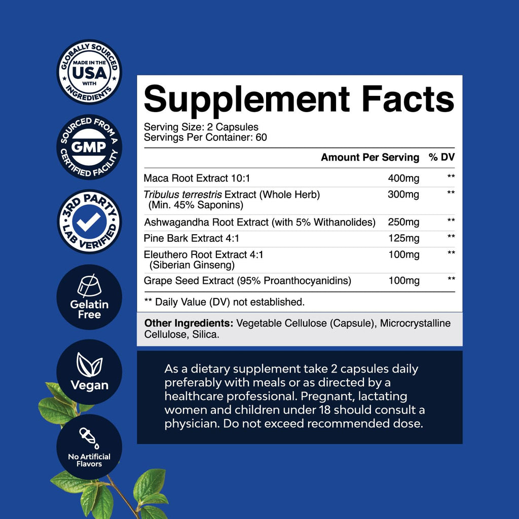 Potent Black Maca Root Capsules for Men - Herbal Wellness Supplement with Siberian Ginseng Ashwagandha and Black Maca Root - Men’s Wellness Supplement to Support General Health - 120 Count - TrustMedUSA