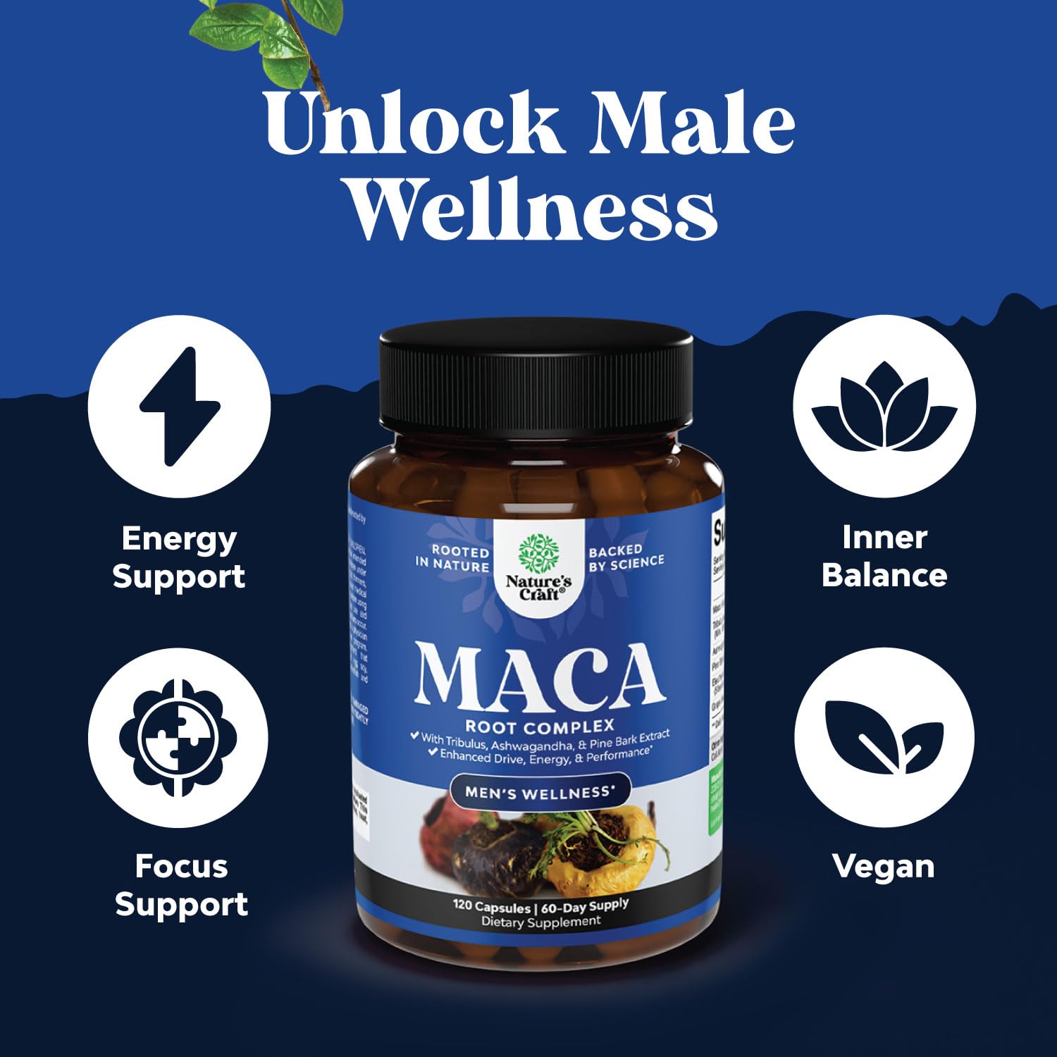 Potent Black Maca Root Capsules for Men - Herbal Wellness Supplement with Siberian Ginseng Ashwagandha and Black Maca Root - Men’s Wellness Supplement to Support General Health - 120 Count - TrustMedUSA