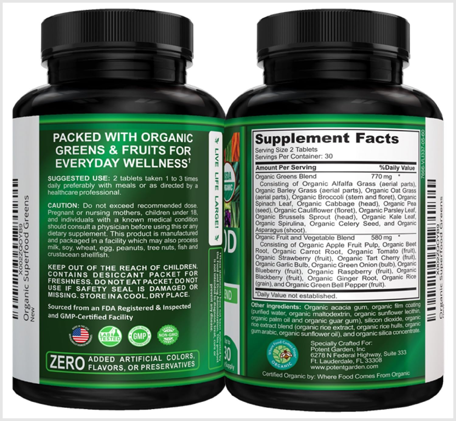 Potent Garden Organic Superfood Greens, Fruit and Veggies Supplement Rich in Vitamins & Antioxidants with Alfalfa, Beet Root & Tart Cherry to Boost Energy, Immunity & Gut Health, Greens Tablets 60 Ct - TrustMedUSA