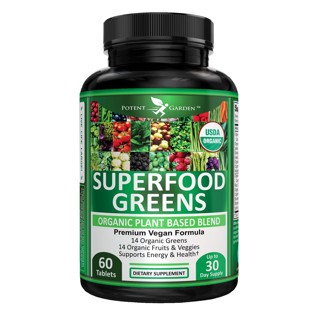 Potent Garden Organic Superfood Greens, Fruit and Veggies Supplement Rich in Vitamins & Antioxidants with Alfalfa, Beet Root & Tart Cherry to Boost Energy, Immunity & Gut Health, Greens Tablets 60 Ct - TrustMedUSA
