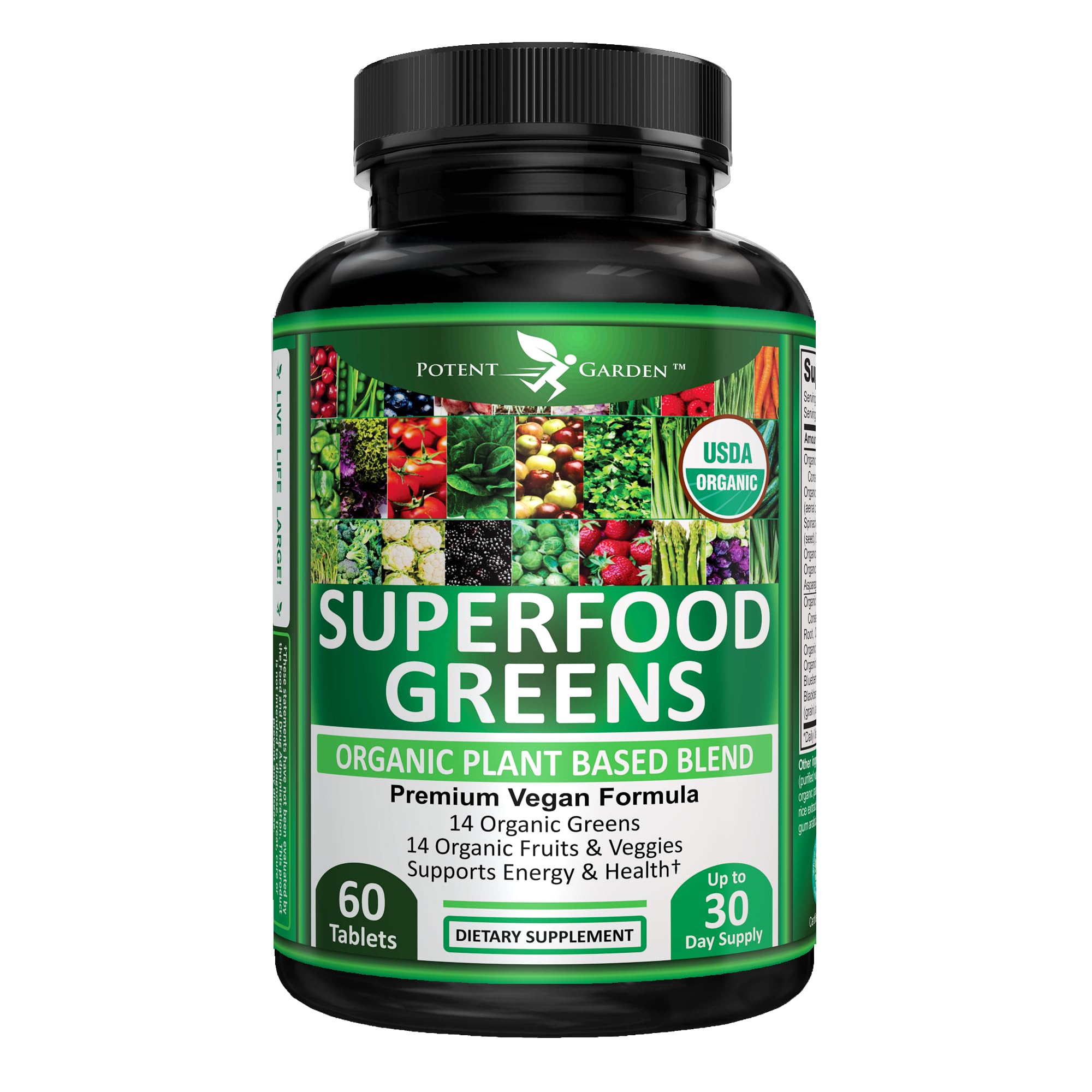 Potent Garden Organic Superfood Greens, Fruit and Veggies Supplement Rich in Vitamins & Antioxidants with Alfalfa, Beet Root & Tart Cherry to Boost Energy, Immunity & Gut Health, Greens Tablets 60 Ct - TrustMedUSA
