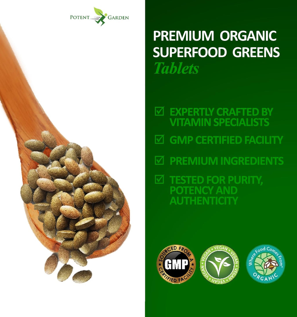 Potent Garden Organic Superfood Greens, Fruit and Veggies Supplement Rich in Vitamins & Antioxidants with Alfalfa, Beet Root & Tart Cherry to Boost Energy, Immunity & Gut Health, Greens Tablets 60 Ct - TrustMedUSA