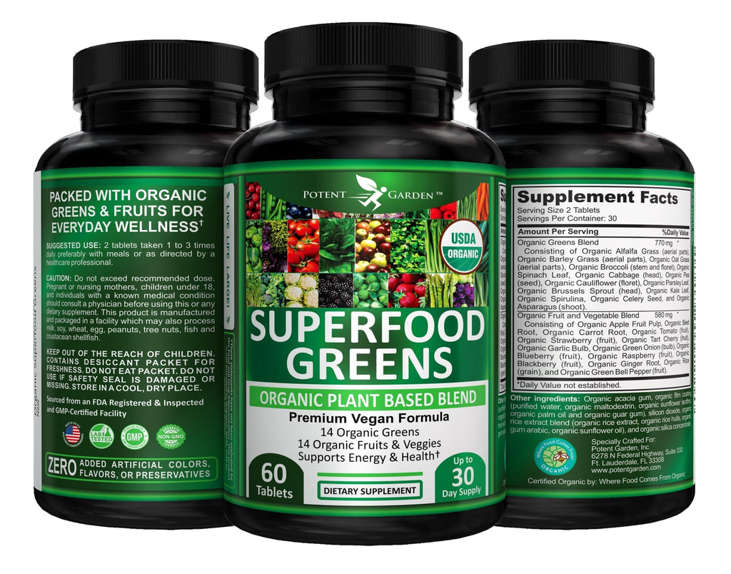 Potent Garden Organic Superfood Greens, Fruit and Veggies Supplement Rich in Vitamins & Antioxidants with Alfalfa, Beet Root & Tart Cherry to Boost Energy, Immunity & Gut Health, Greens Tablets 60 Ct - TrustMedUSA