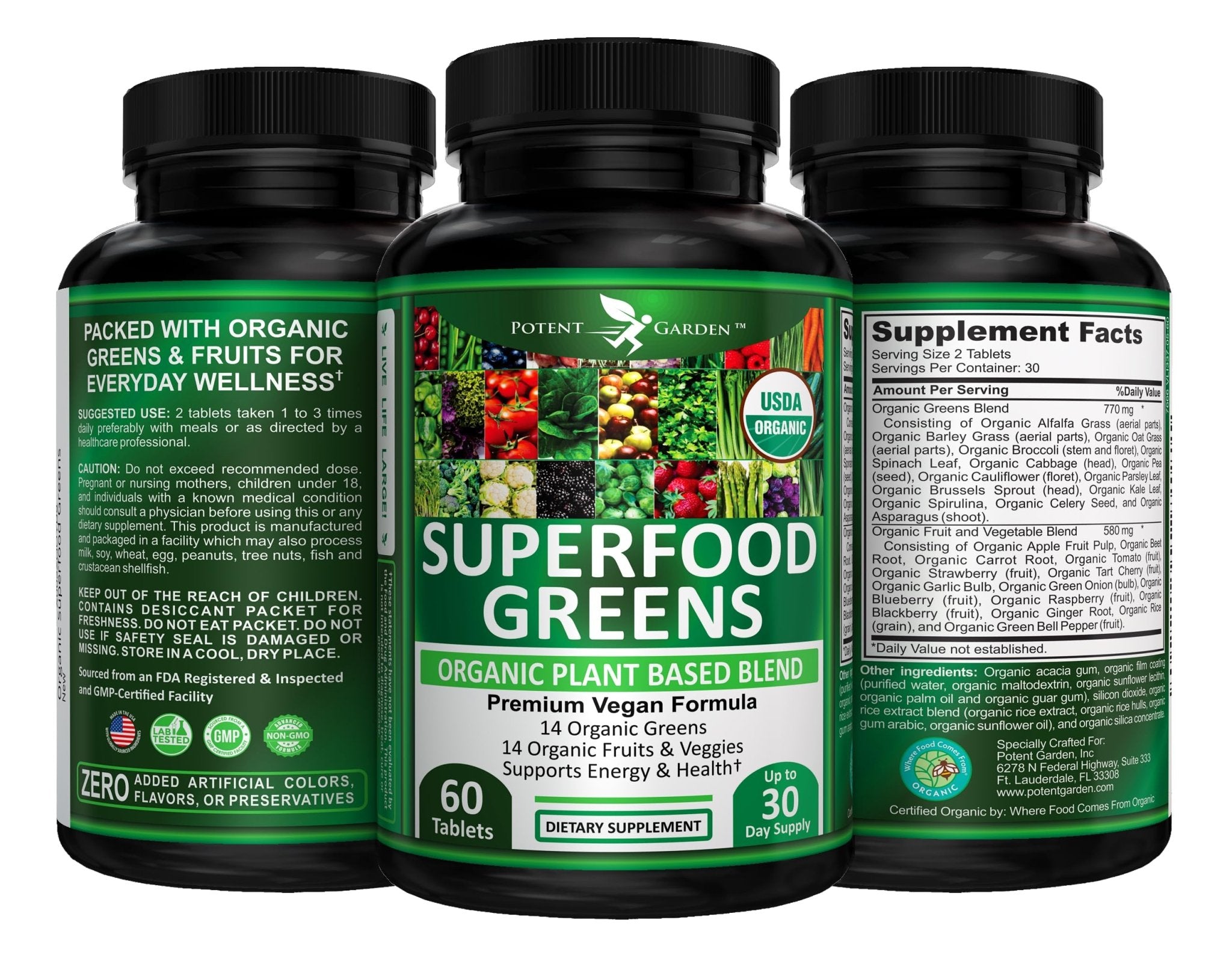 Potent Garden Organic Superfood Greens, Fruit and Veggies Supplement Rich in Vitamins & Antioxidants with Alfalfa, Beet Root & Tart Cherry to Boost Energy, Immunity & Gut Health, Greens Tablets 60 Ct - TrustMedUSA