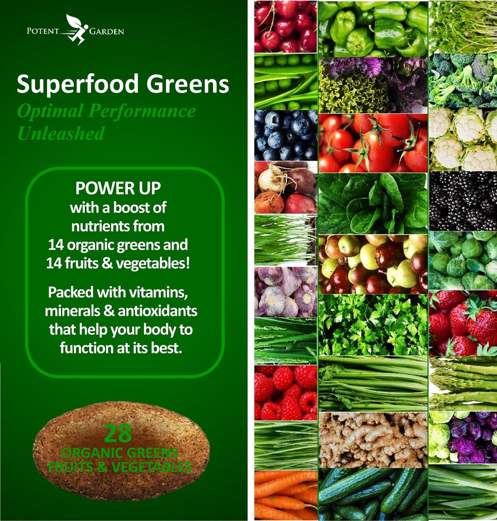 Potent Garden Organic Superfood Greens, Fruit and Veggies Supplement Rich in Vitamins & Antioxidants with Alfalfa, Beet Root & Tart Cherry to Boost Energy, Immunity & Gut Health, Greens Tablets 60 Ct - TrustMedUSA