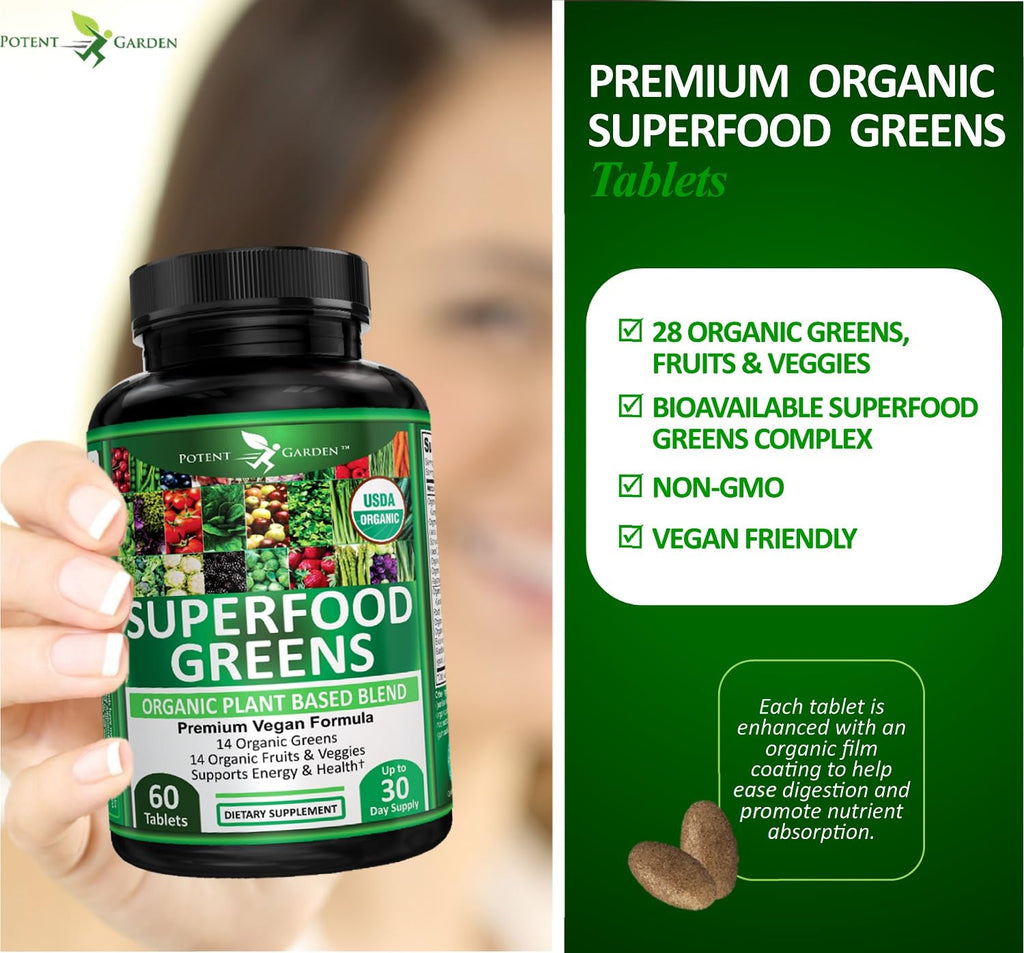 Potent Garden Organic Superfood Greens, Fruit and Veggies Supplement Rich in Vitamins & Antioxidants with Alfalfa, Beet Root & Tart Cherry to Boost Energy, Immunity & Gut Health, Greens Tablets 60 Ct - TrustMedUSA