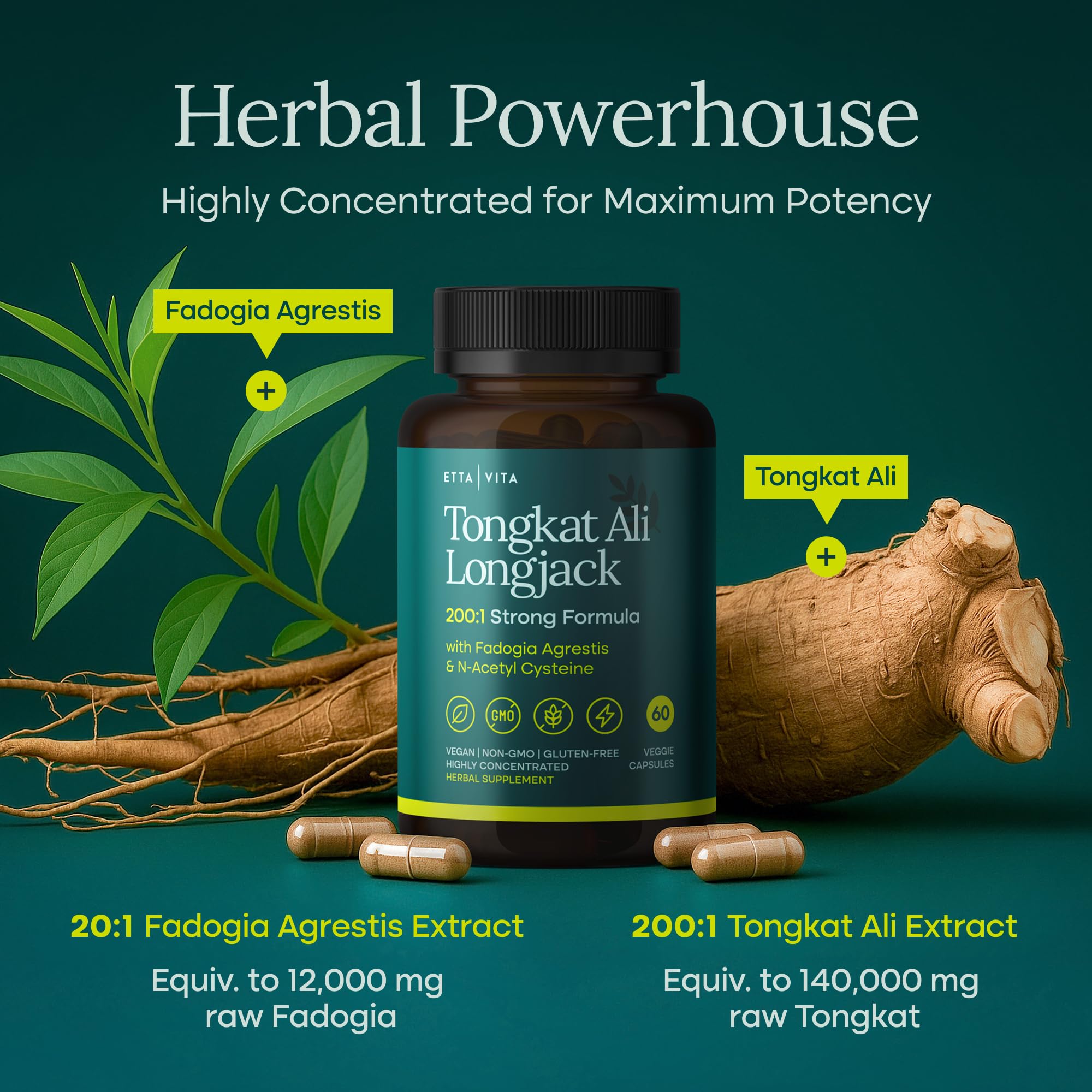 Potent Longjack - Tongkat Ali & Fadogia Agrestis Supplement for Men & Womens Energy, T Support, Lean Muscle Growth & Recovery, Hormonal Balance, Pre-Workout with Vegan NAC Liver Detox & Cleanse - TrustMedUSA