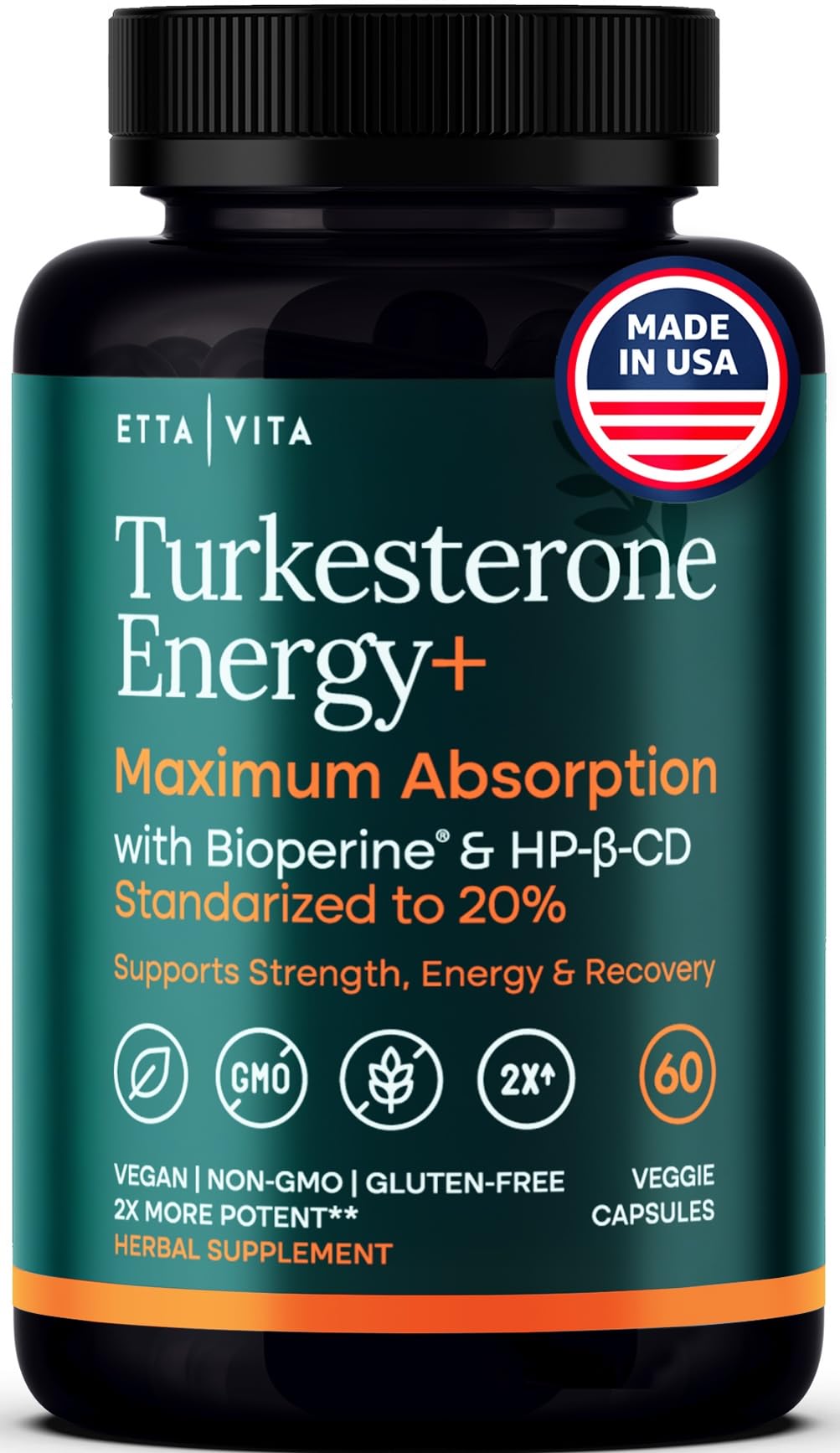 Potent Turkesterone Supplement, 2X Pure (Made in USA - 3rd Party Tested) Most Bioavailable and Natural Test Support Supplement, Supports Energy Lean Muscle Health, Recovery and Stamina, Vegan (60ct) - TrustMedUSA