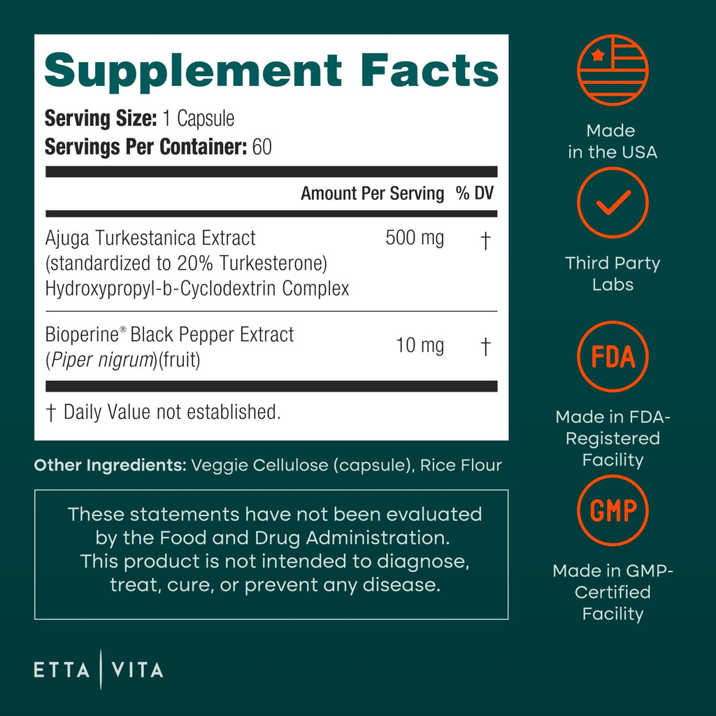 Potent Turkesterone Supplement, 2X Pure (Made in USA - 3rd Party Tested) Most Bioavailable and Natural Test Support Supplement, Supports Energy Lean Muscle Health, Recovery and Stamina, Vegan (60ct) - TrustMedUSA