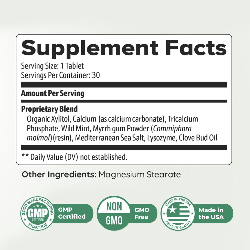 Power Bite Tablets – Mineral Complex with Calcium, Xylitol, Myrrh & Clove Oil – Natural Chewable Formula – Made in USA, Non-GMO, GMP Certified – 30 Tablets – 3 Month Supply - TrustMedUSA