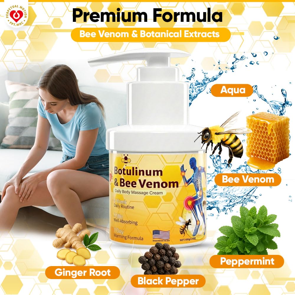 PPT.MHC Bee Venom Warming Cream with Pump - Massage Body Rub with Ginger, Peppermint & Black Pepper - Premium Bee Venom Lotion for Back, Legs & Feet - Everyday Non-Greasy 3.5oz Cream - TrustMedUSA