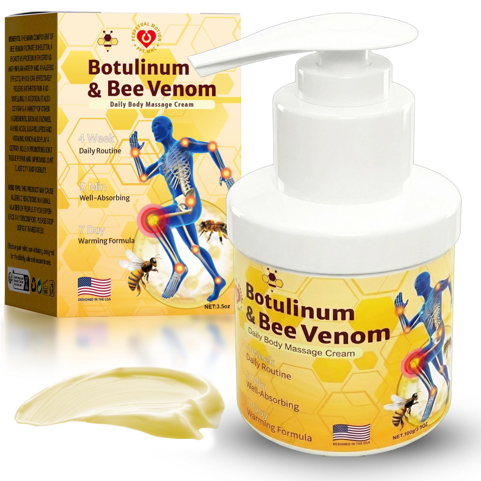 PPT.MHC Bee Venom Warming Cream with Pump - Massage Body Rub with Ginger, Peppermint & Black Pepper - Premium Bee Venom Lotion for Back, Legs & Feet - Everyday Non-Greasy 3.5oz Cream - TrustMedUSA