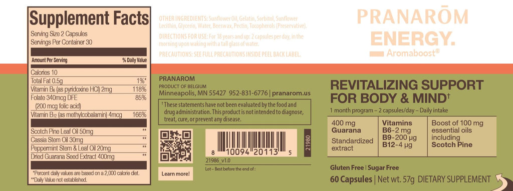 Pranarom - Aromaboost Energy Herbal Supplement - for Physical and Mental Fatigue - Guarana - Vitamins B6 B9 B12 - Pure Scots Pine Essential Oil - 60 Count - TrustMedUSA