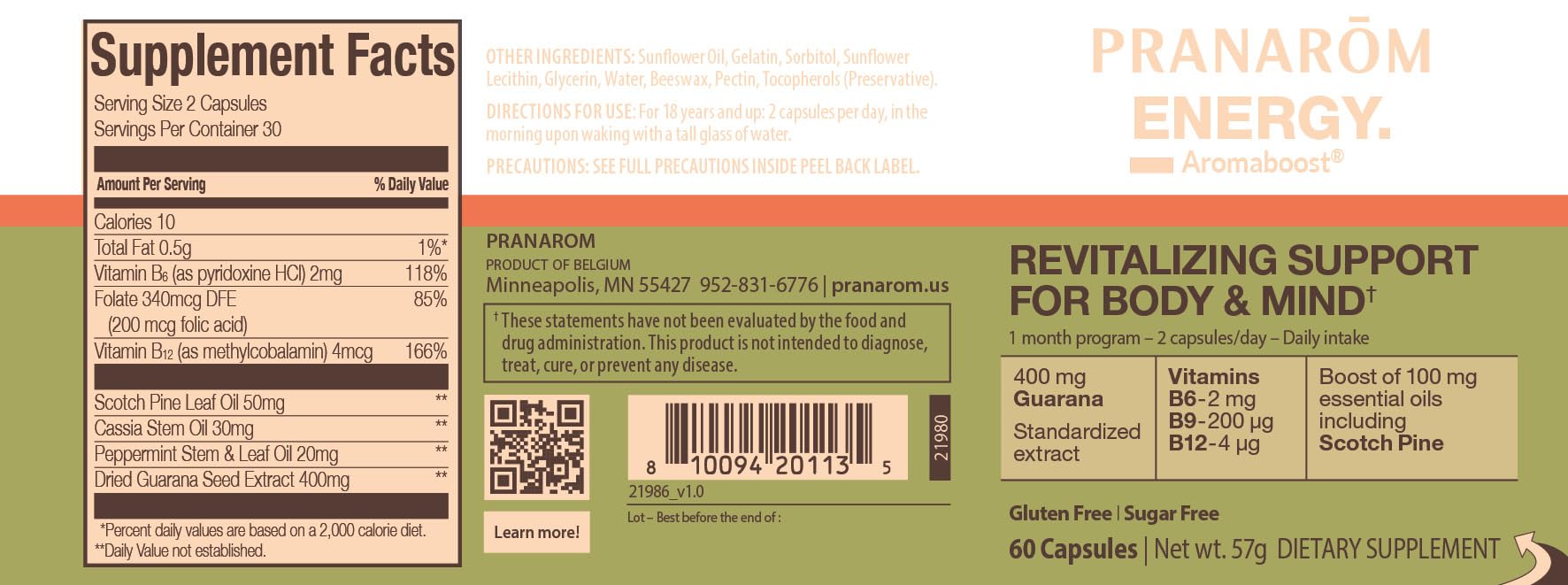 Pranarom - Aromaboost Energy Herbal Supplement - for Physical and Mental Fatigue - Guarana - Vitamins B6 B9 B12 - Pure Scots Pine Essential Oil - 60 Count - TrustMedUSA