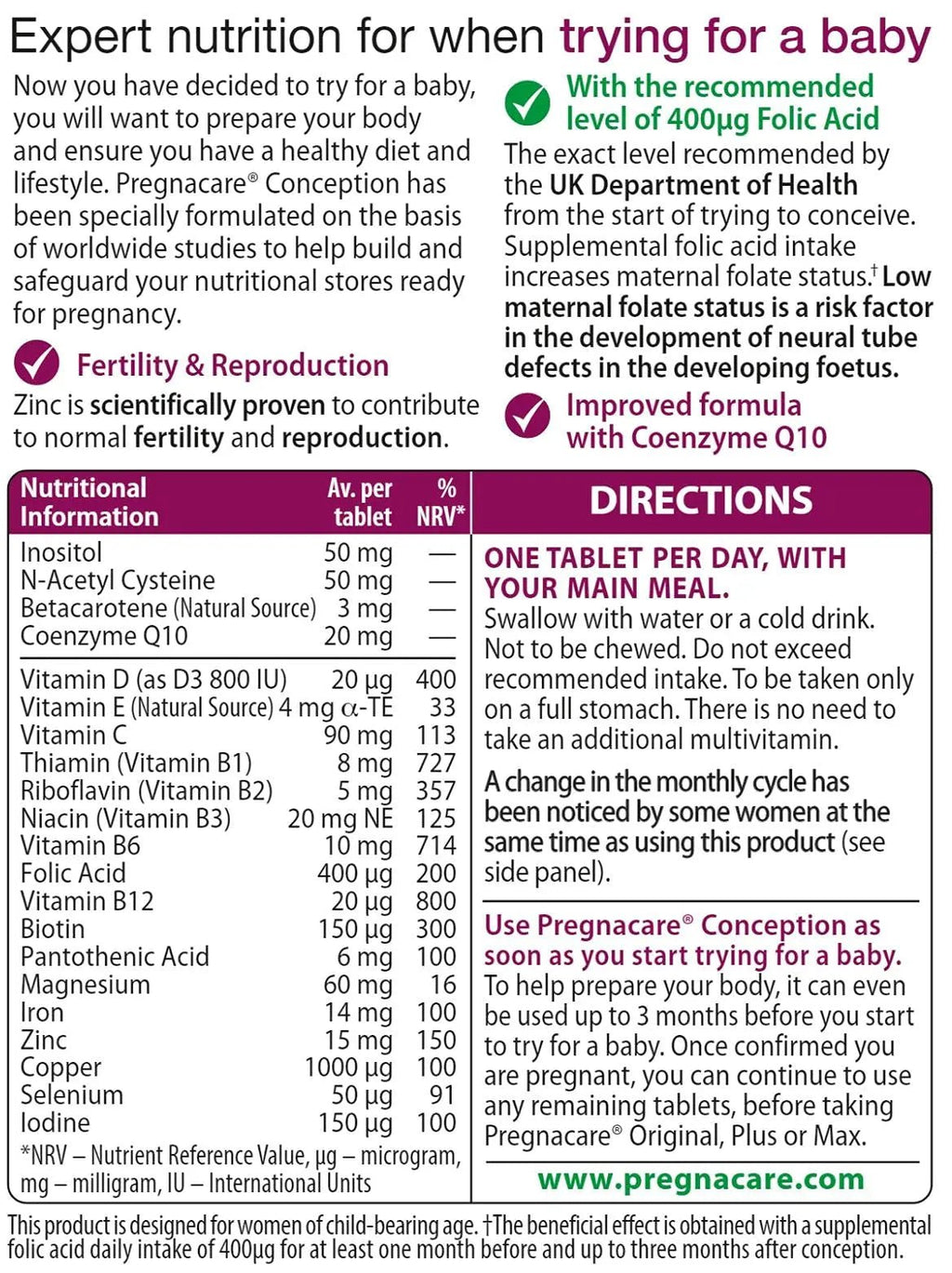 Pregnacare Conception Tablets, Pack of 30, 30 Count - TrustMedUSA