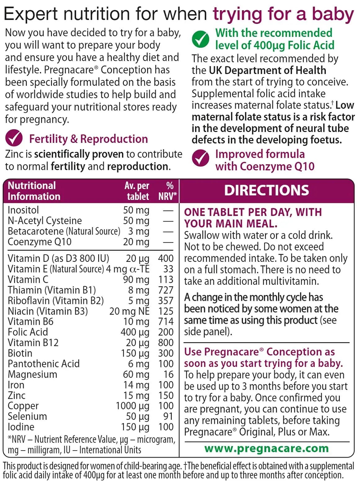 Pregnacare Conception Tablets, Pack of 30, 30 Count - TrustMedUSA