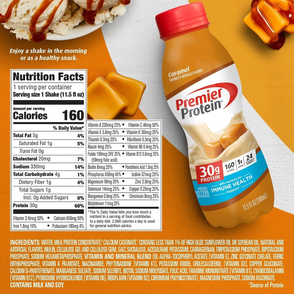 Premier Liquid Protein Shake, Caramel, 30g Protein, 1g Sugar, 24 Vitamins & Minerals - TrustMedUSA