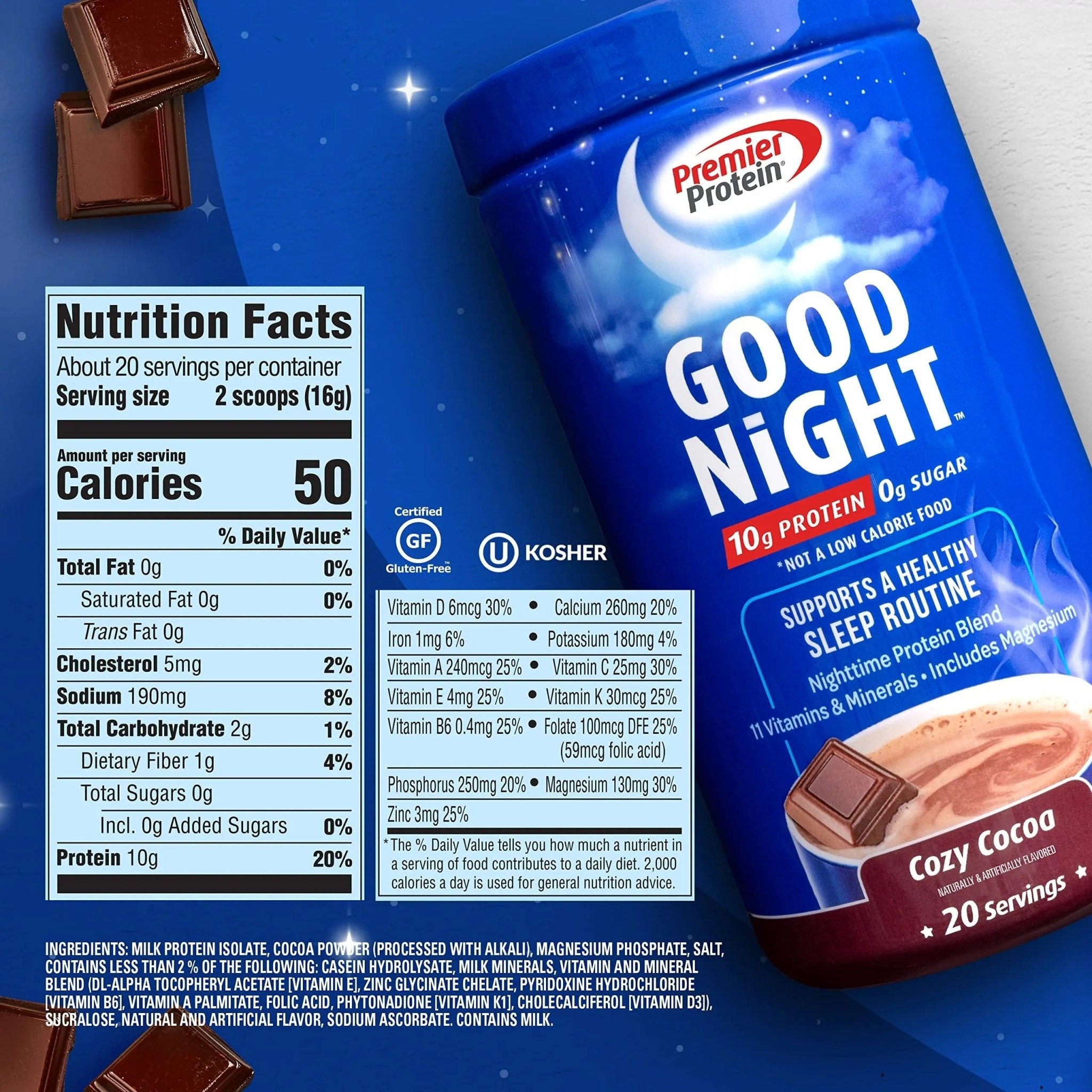 Premier Protein Good Night Protein Powder, Hot Cocoa Mix, 10g Protein, 0g Sugar - TrustMedUSA