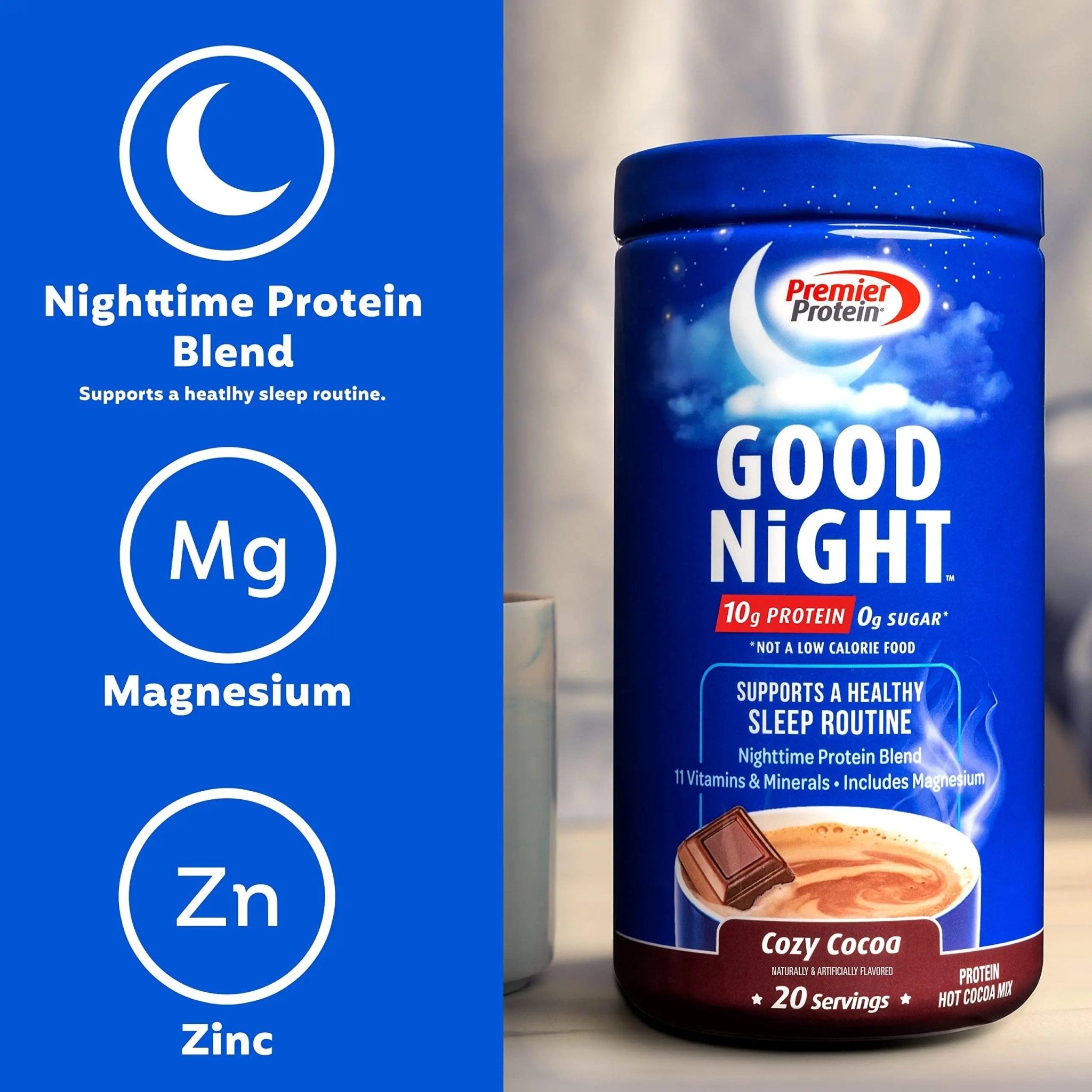 Premier Protein Good Night Protein Powder, Hot Cocoa Mix, 10g Protein, 0g Sugar - TrustMedUSA