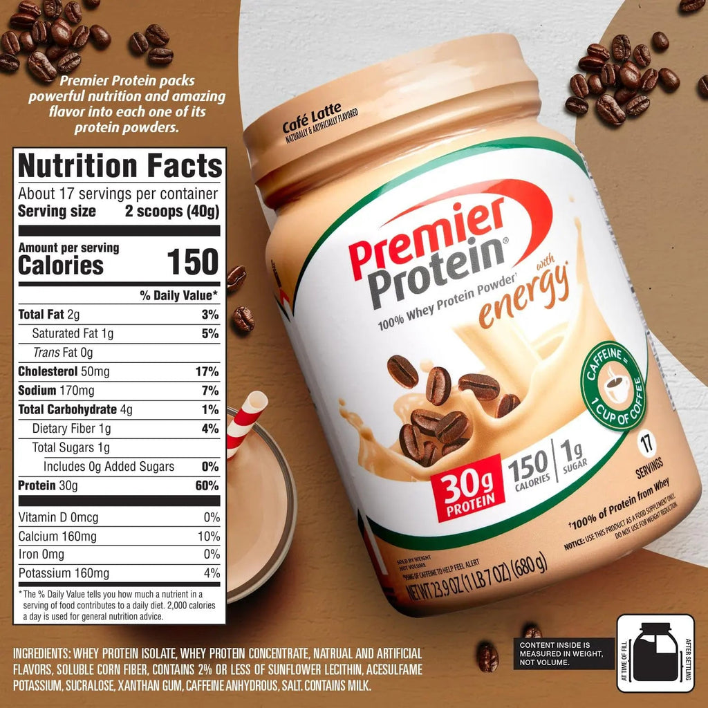 Premier Protein Powder, Cafe Latte , 30g Protein, 1g Sugar, 100% Whey Protein - TrustMedUSA