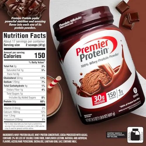 Premier Protein Powder, Chocolate Milkshake, 30g Protein, 1g Sugar, 100% Whey Protein - TrustMedUSA