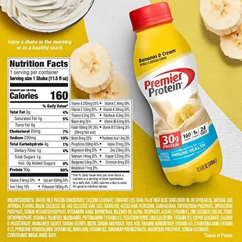 Premier Protein Shake, Bananas & Cream, 30g Protein, 1g Sugar, 24 Vitamins & Minerals - TrustMedUSA