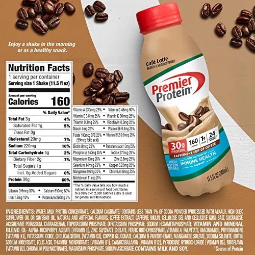 Premier Protein Shake, Café Latte Liquid, 30g Protein, 1g Sugar, 24 Vitamins & Minerals - TrustMedUSA