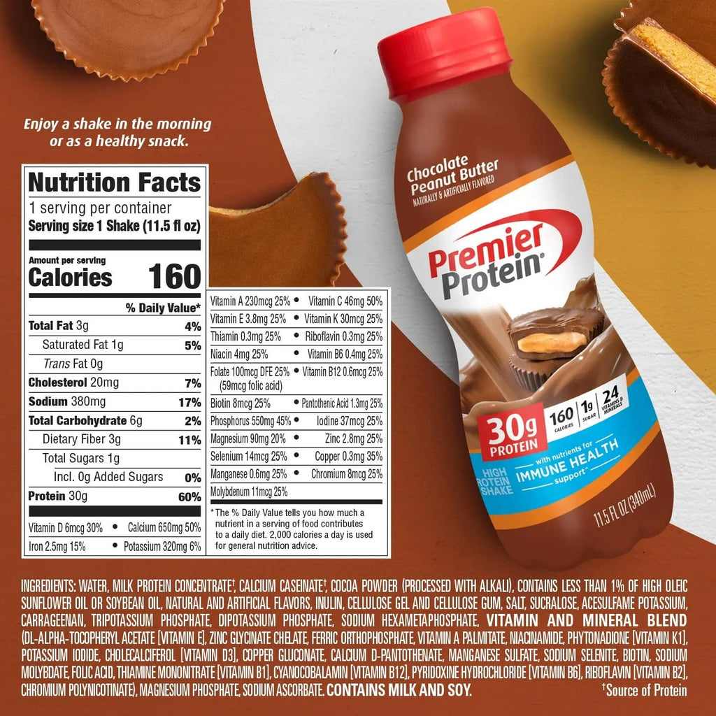 Premier Protein Shake, Chocolate Peanut Butter Liquid, 30g Protein, 1g Sugar, 24 Vitamins - TrustMedUSA