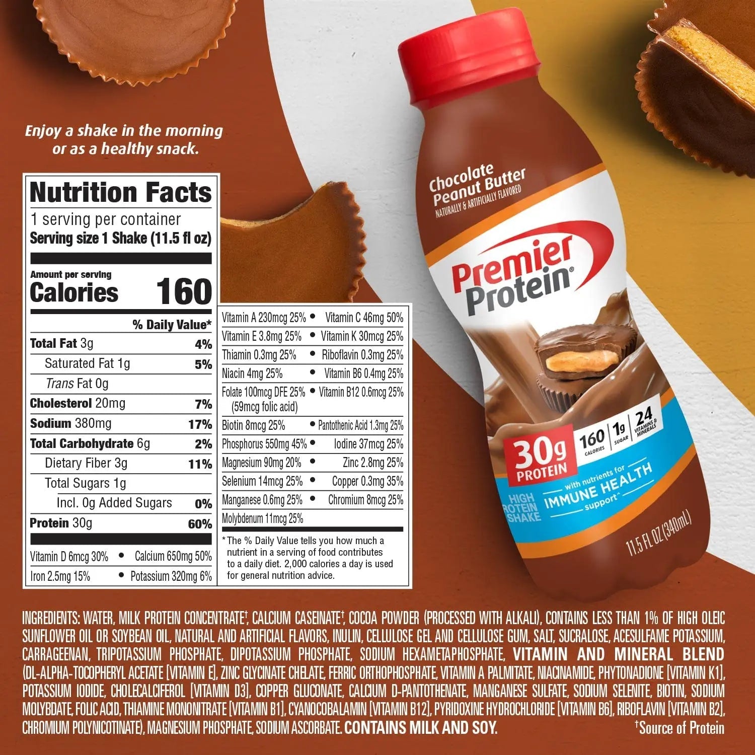 Premier Protein Shake, Chocolate Peanut Butter Liquid, 30g Protein, 1g Sugar, 24 Vitamins - TrustMedUSA